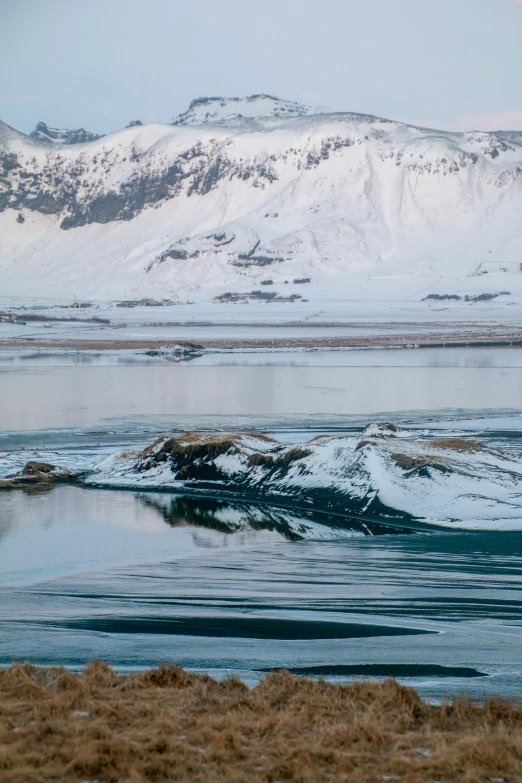 a large snowy mountain sitting above a body of water