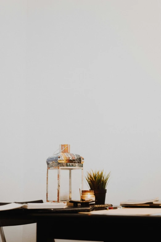 a table with a lamp and a potted plant