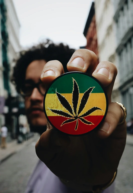 someone holding up a small cannabis leaf in front of a camera