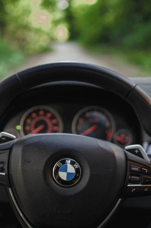 the dashboard of a bmw car in the countryside