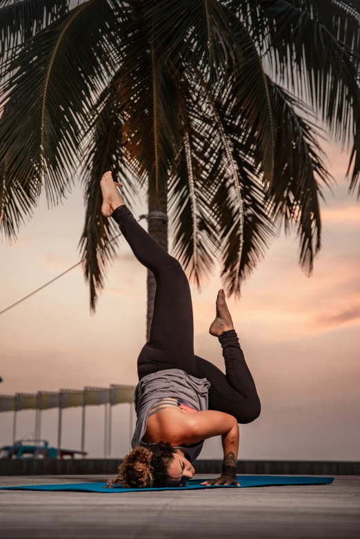 a woman doing a hand stand on a surfboard underneath a palm tree