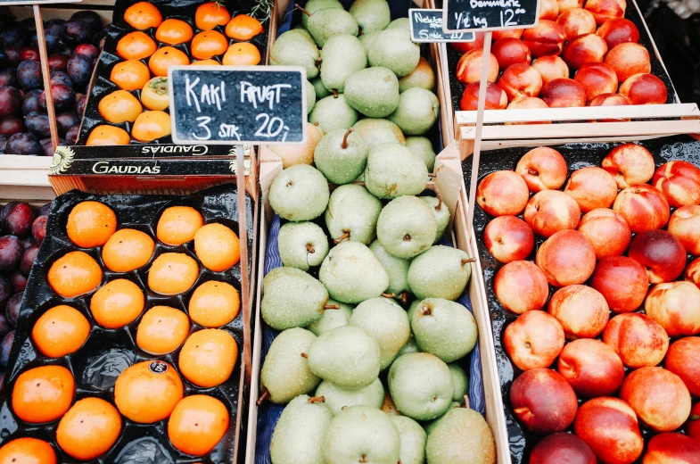 apples, oranges, and apples are being sold in boxes