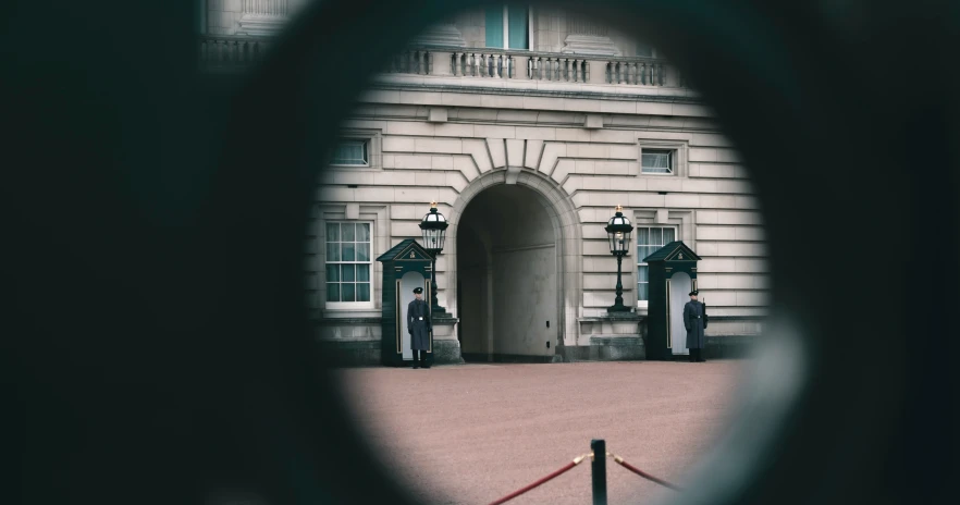 view of a large building through a window