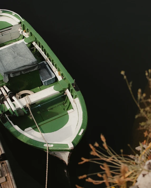 a green and white boat is sitting in the water