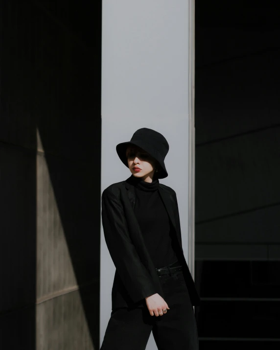 a woman wearing a black hat with a black jacket