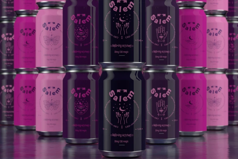 six empty can of soda that are pink and purple