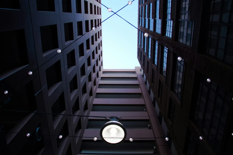 an upward view from the ground of some buildings
