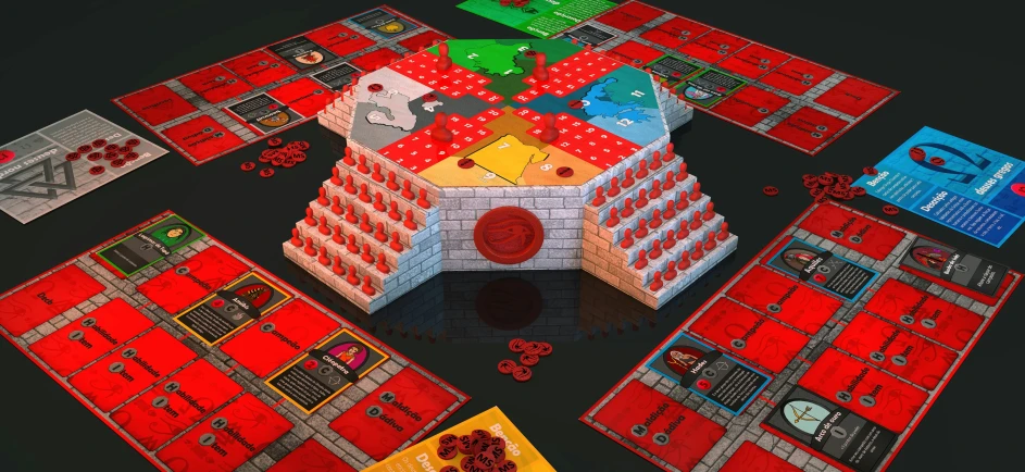 a building with a red tower on it surrounded by other pieces