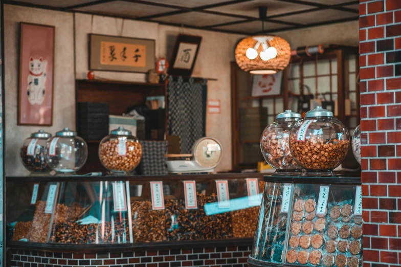 the view of a shop with various nuts and other food items