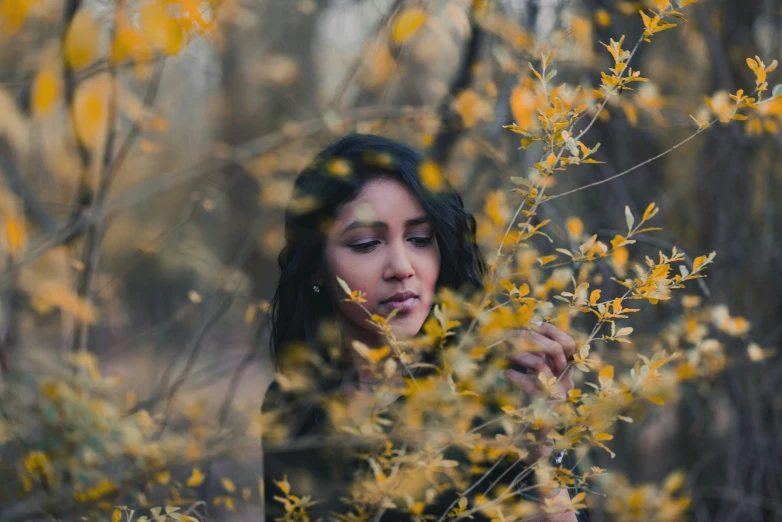 a woman looking out through the bushes