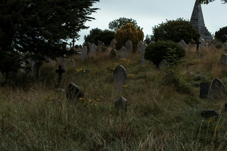 an old cemetery with the steeple of a church on top