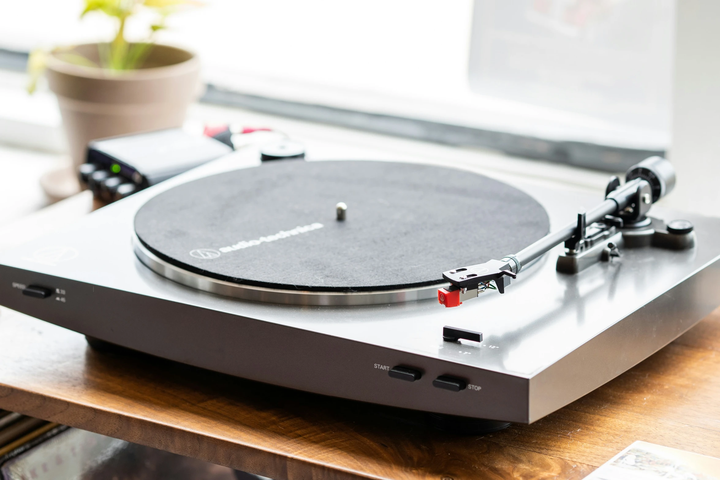 a record player with a potted plant behind it