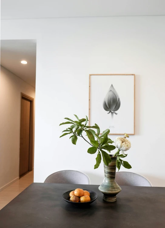 a plate of food sits next to an vase with flowers