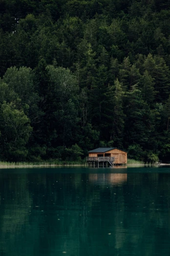 there is a small cabin in the lake