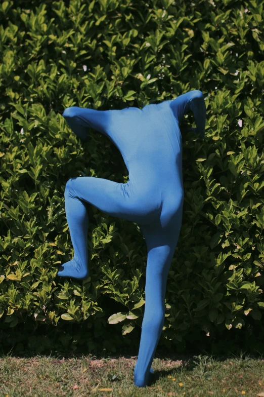 an odd looking blue person standing in front of a hedge