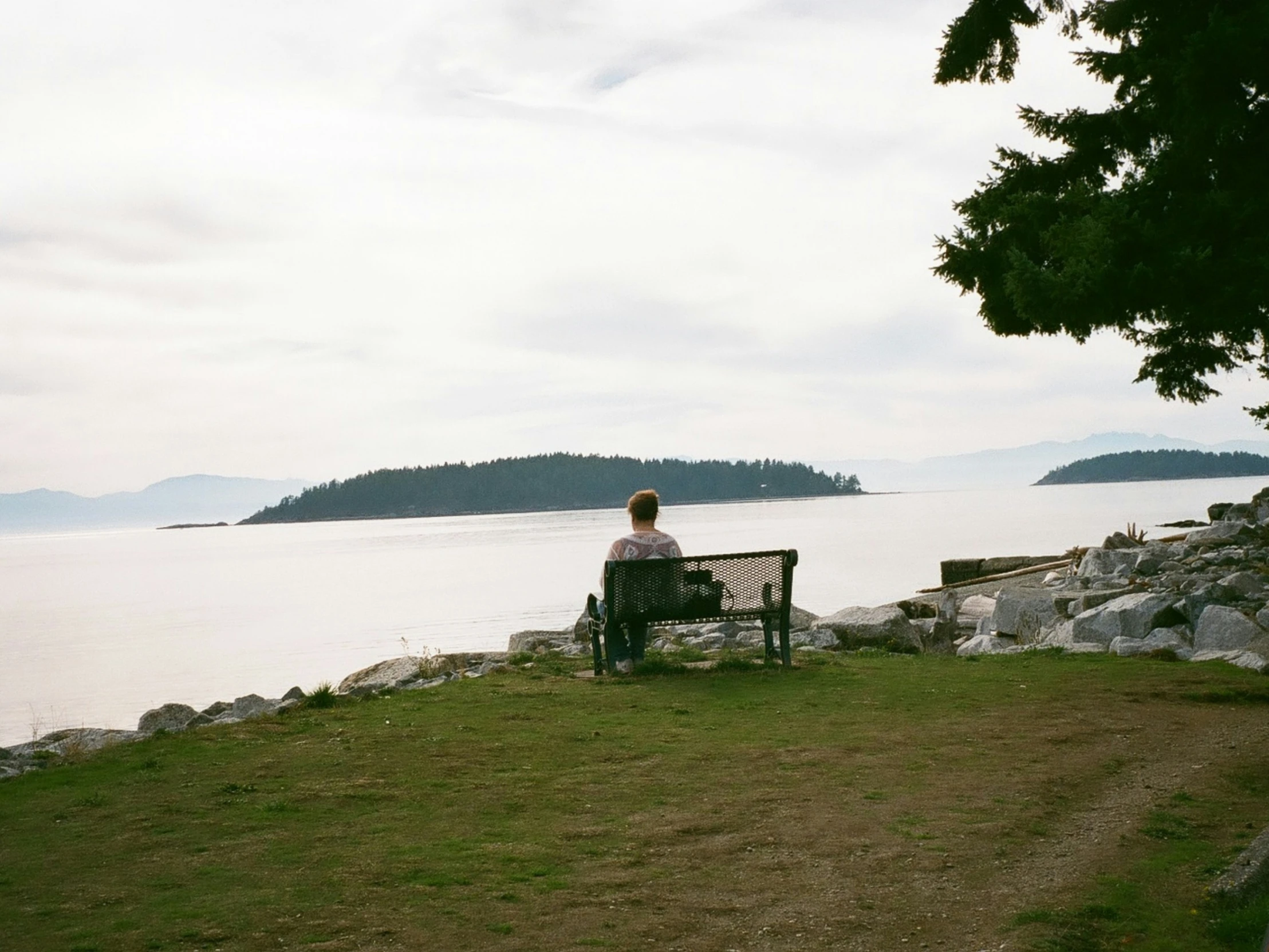 the person is sitting on a bench near the water