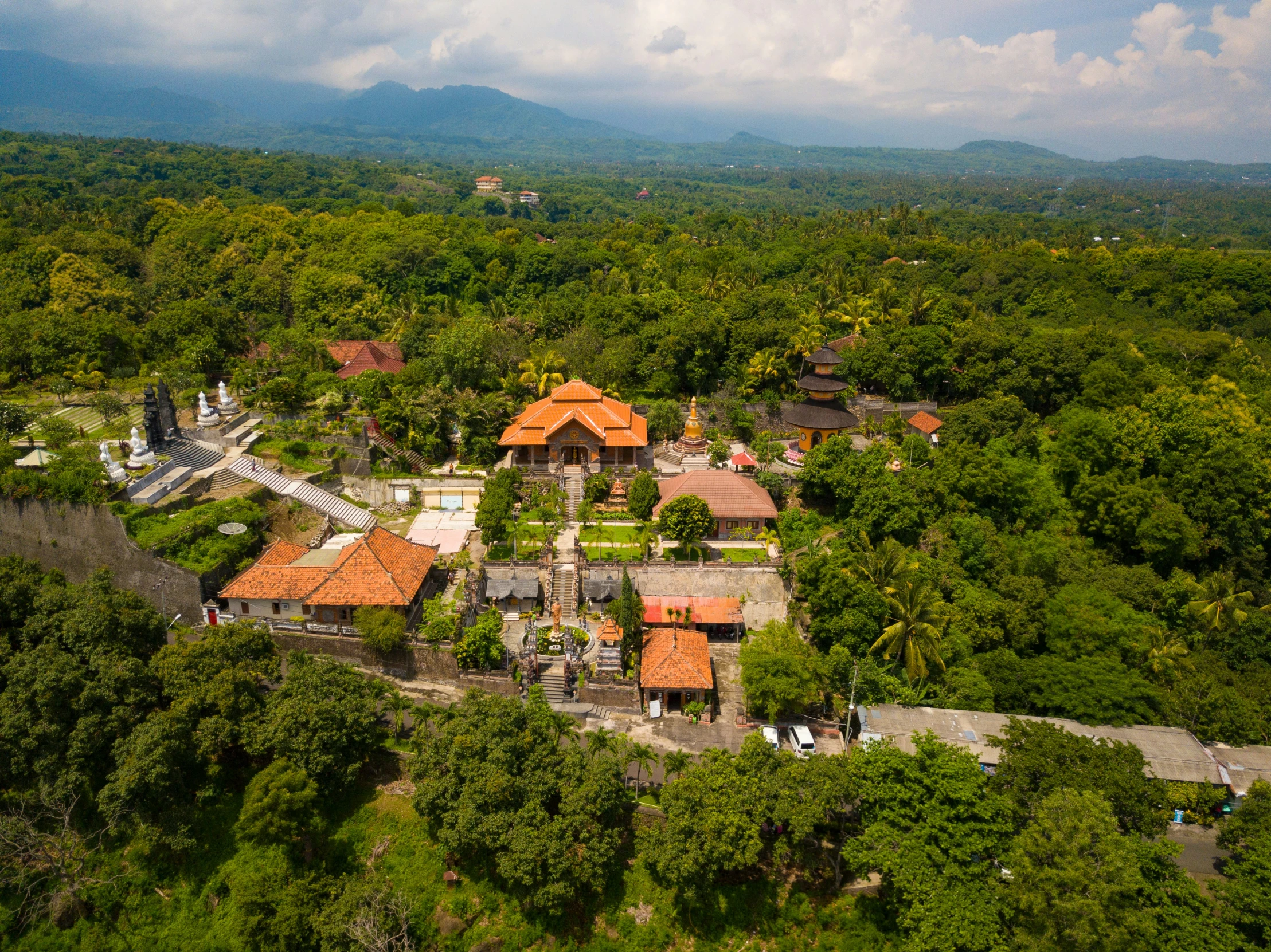 the top of the house shows a lot of trees and a view of mountains