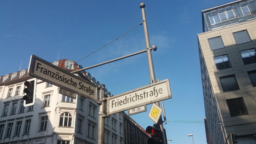 the intersection of the city has two street signs on it