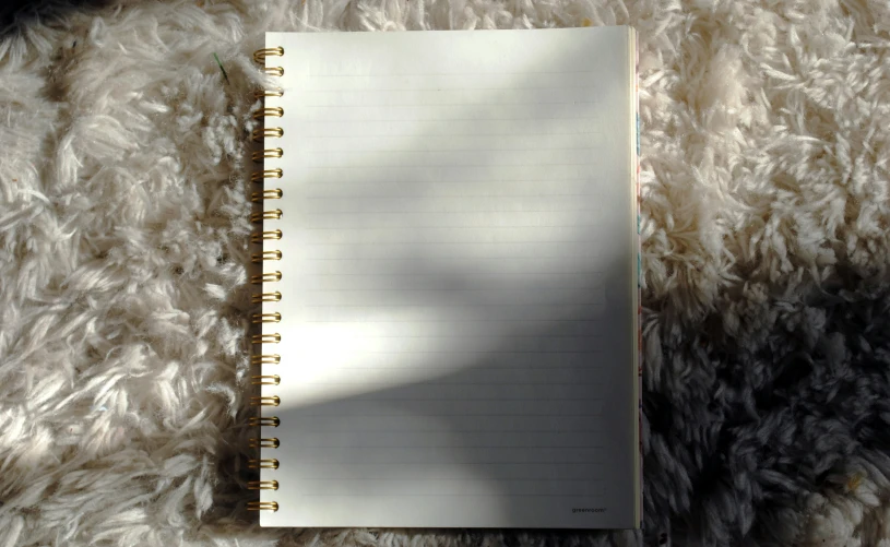 a blank notebook on top of a white fuzzy surface