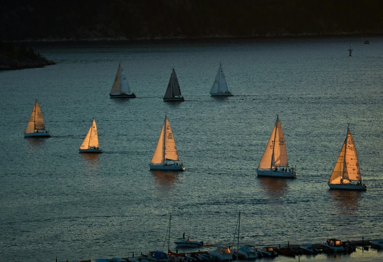 sailboats sail in the open blue waters at sunset