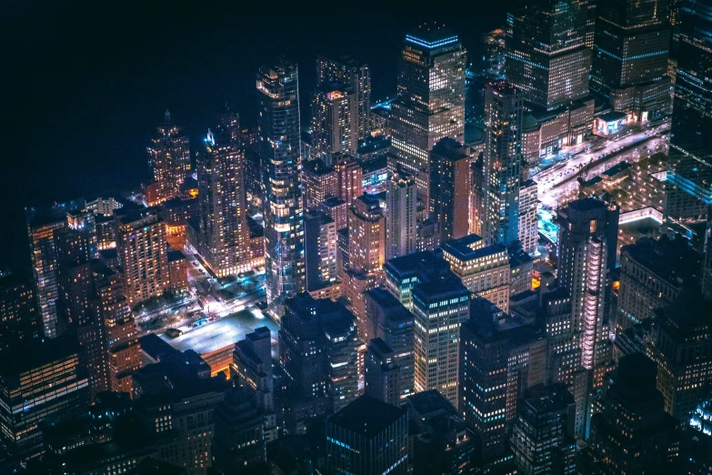 an aerial s of new york city buildings at night