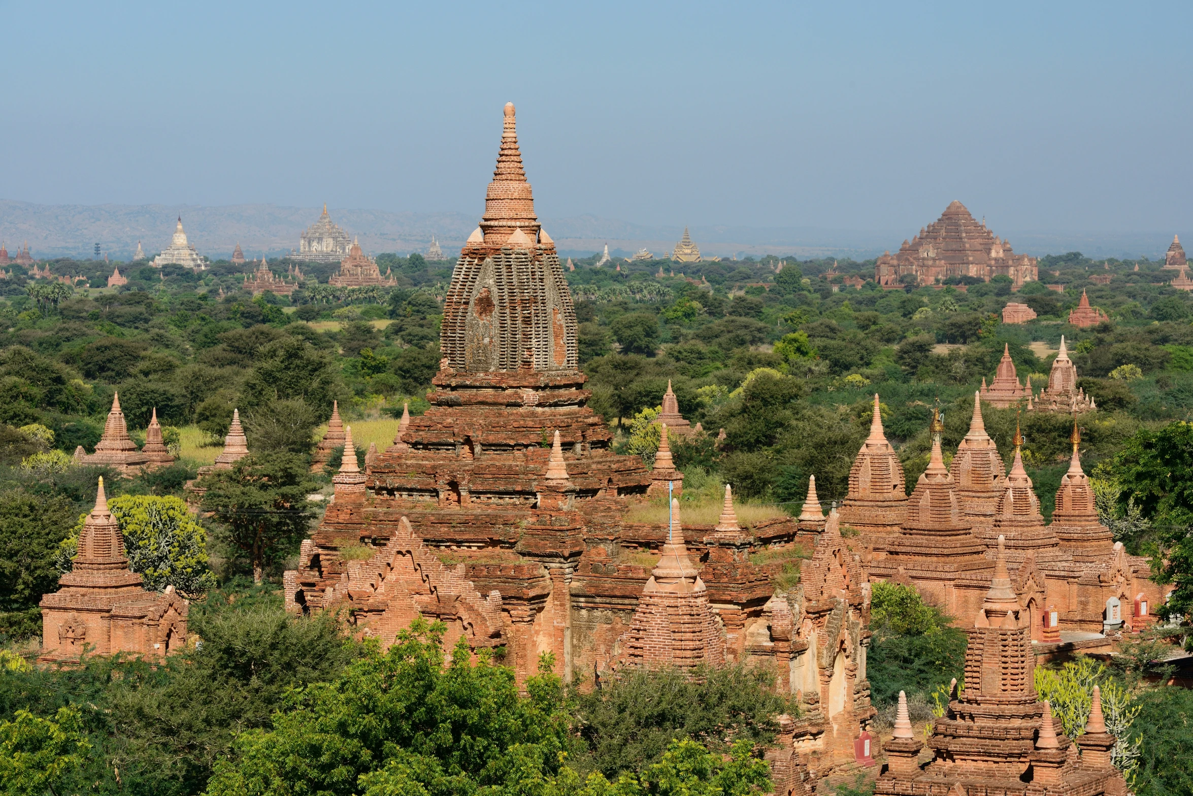 many temples in the field with trees surrounding