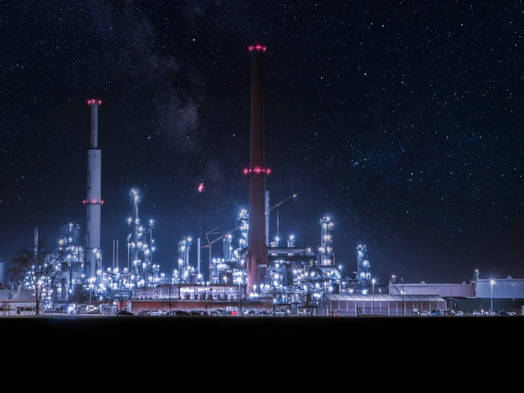 this is an oil refinery at night time