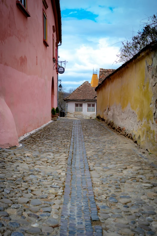 the street is made up of cobblestone and has a little wall