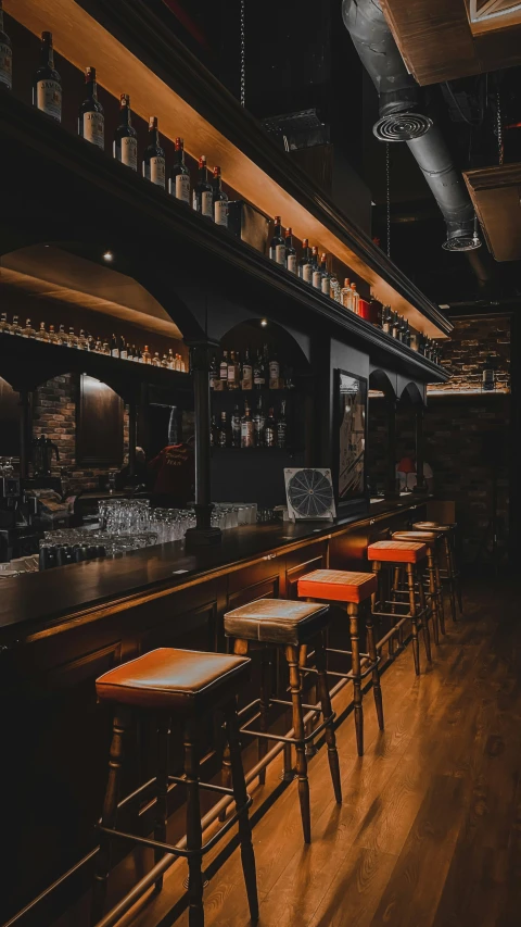 a dark room with bars and several stools