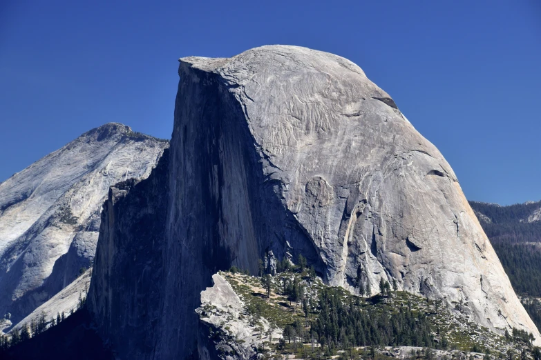 an upward view of a rock with trees on top