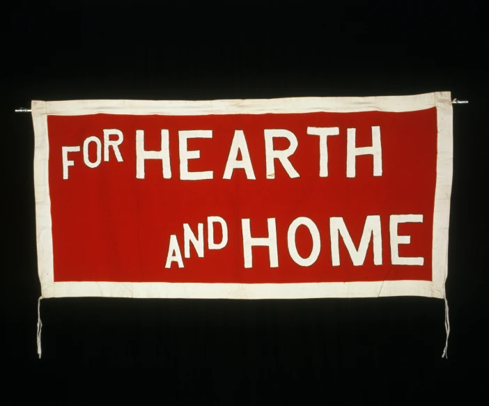 red banner with white writing on it