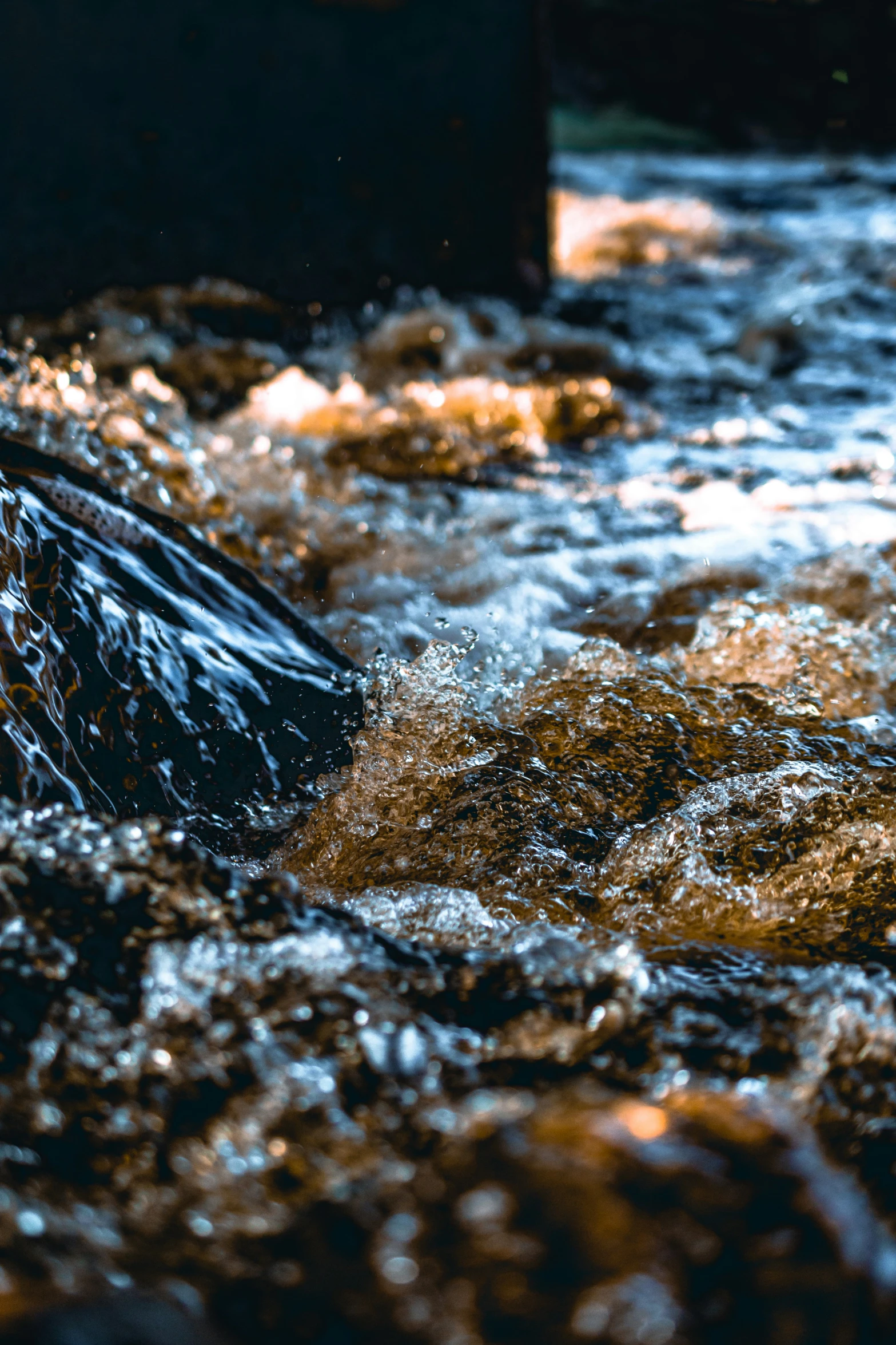 a water bucket in the water that is dirty and brown