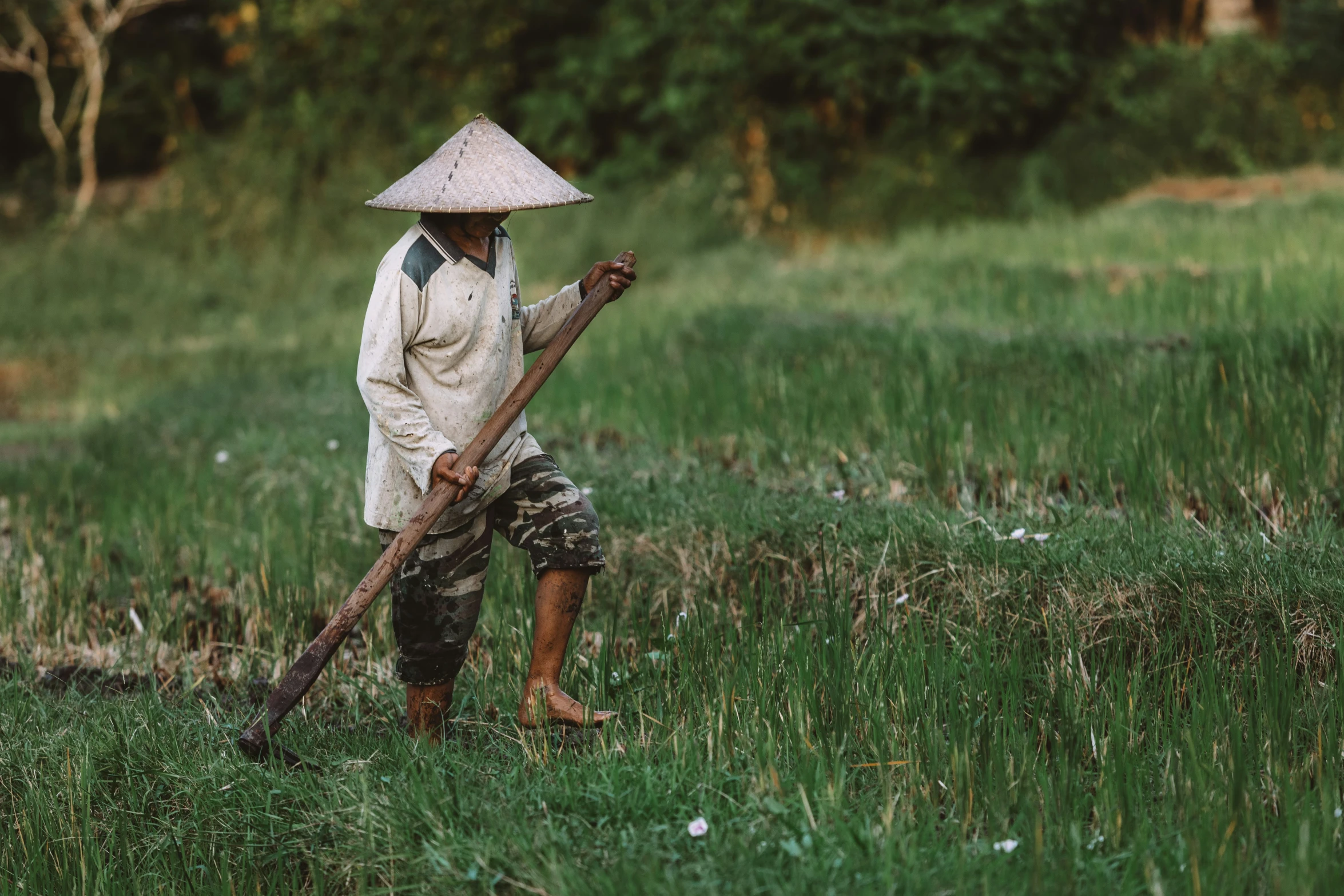 a man standing in the grass holding a pole