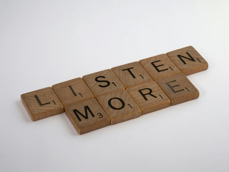 the words listen, listen and learn are arranged in letter blocks