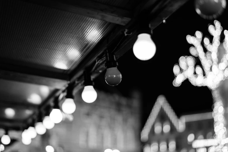 the lights and decorations are hanging in a room