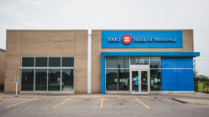 a bank front view of a blue building