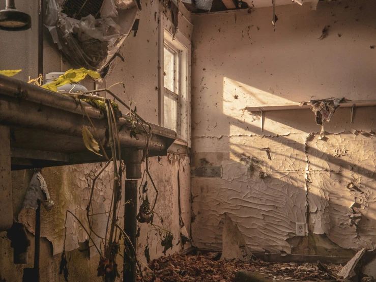 a very dilapidated room with peeling paint and some other stuff