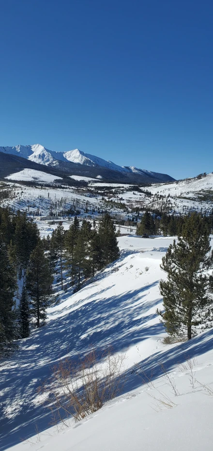 a snow covered landscape with mountains in the background