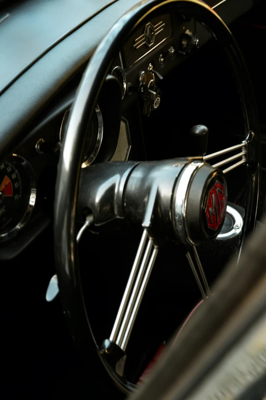 the interior of a classic car in the sun