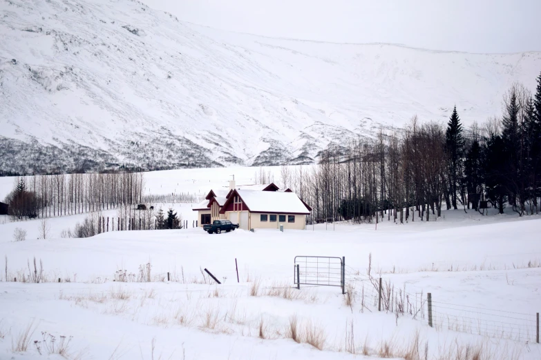 snow blankets the landscape with trees and a house