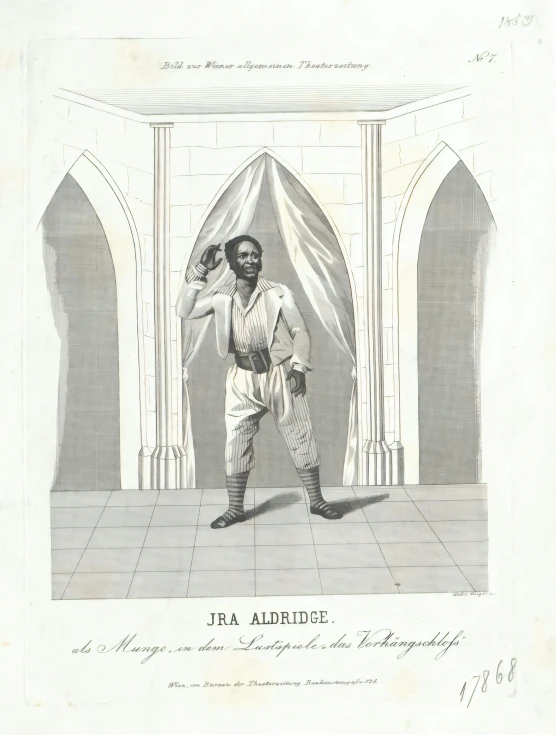 a drawing of a man standing in front of a arch with text above him