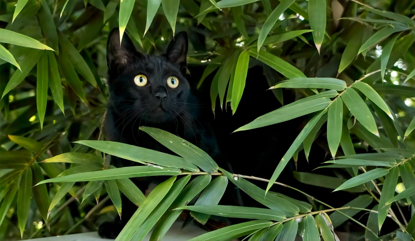 a black cat peeking out from behind some leaves