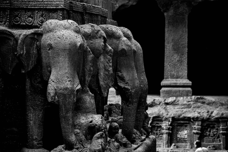 an elephant statue in a doorway in a city