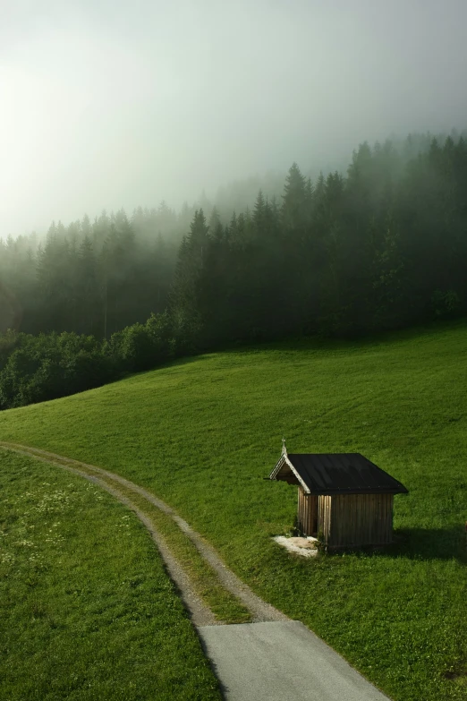 small barn and pathway on a hill with trees in the background