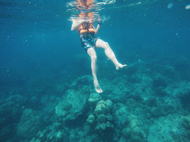 a young woman dives into the crystal blue water