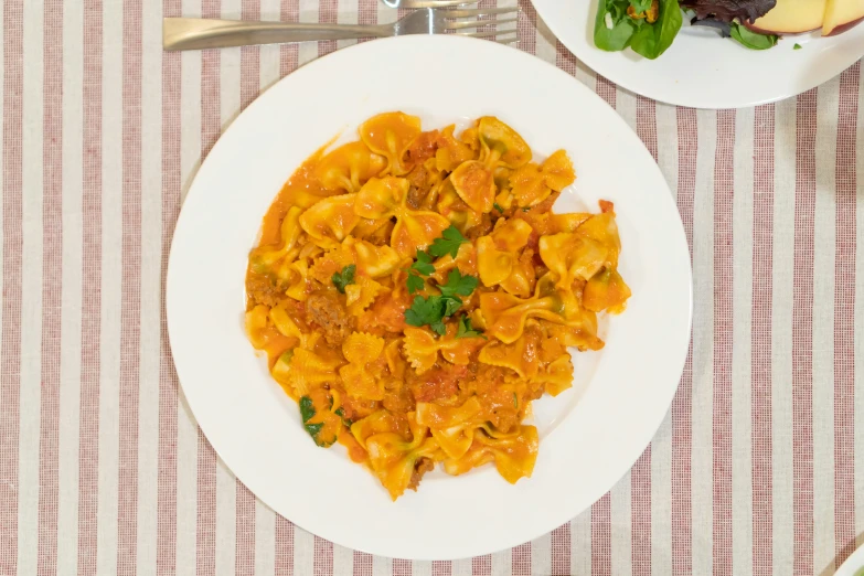 pasta with meat is in a white plate and red and white  tablecloth