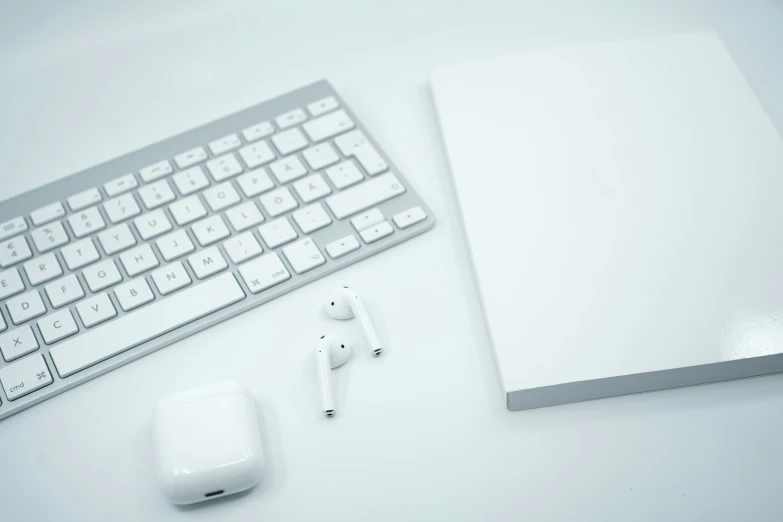 keyboard, mouse and accessories sit on top of a white table