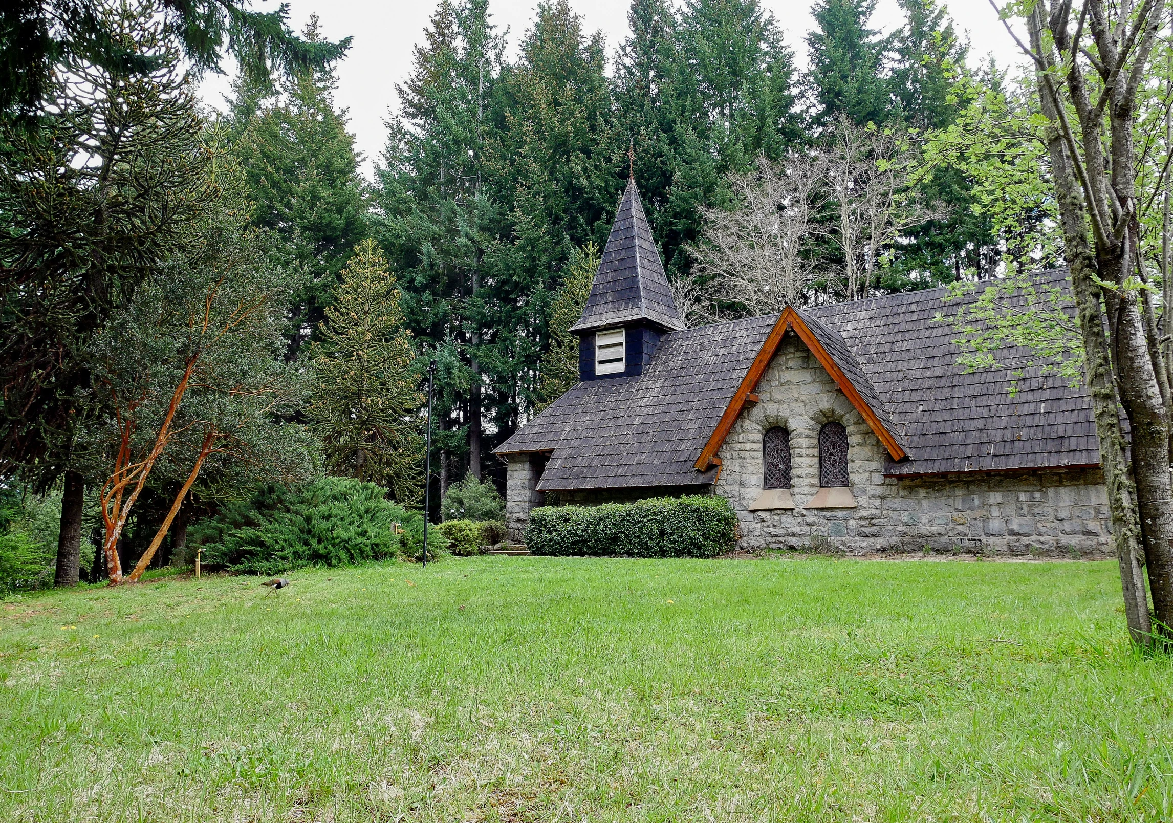 a house sits in the middle of a lush green field