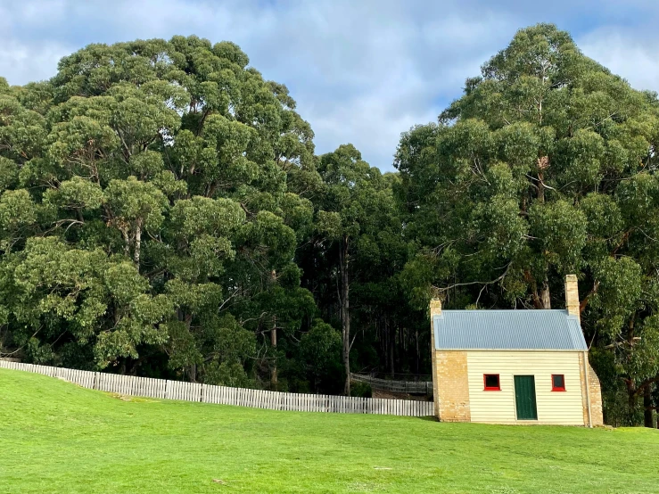 a house with a green door on a hill