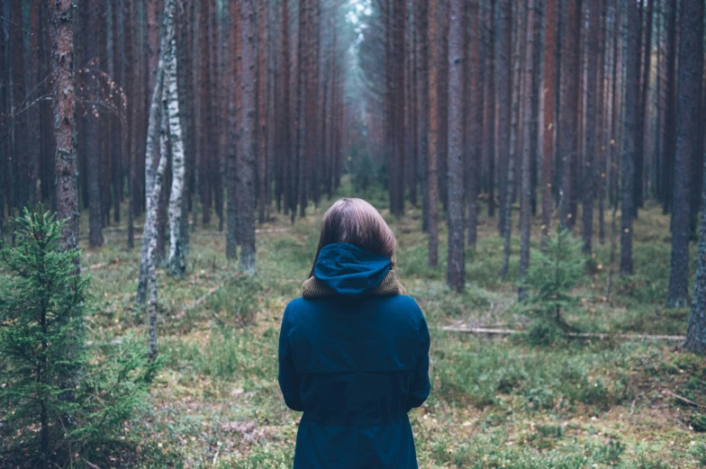 person with hooded jacket walking through the forest